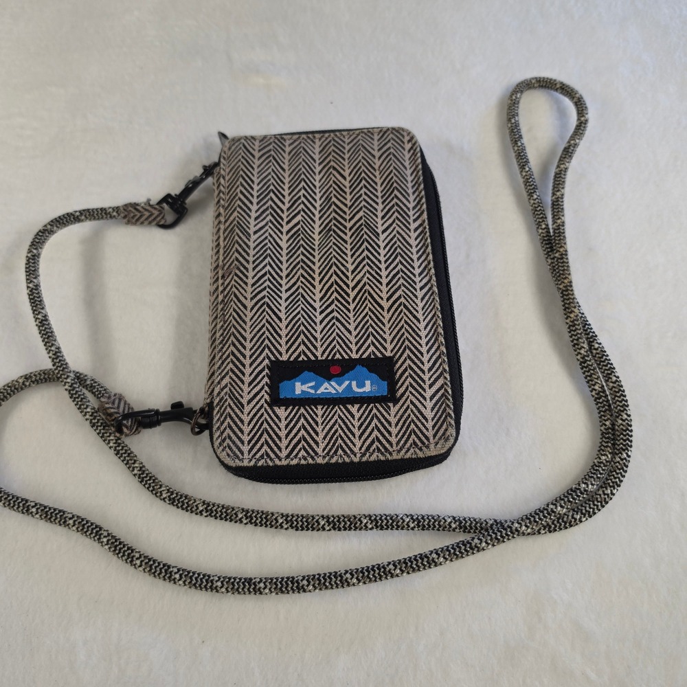 Kavu Go Time Crossbody Wallet Bag Herringbone‎ Black Tan Canvas Rope Strap